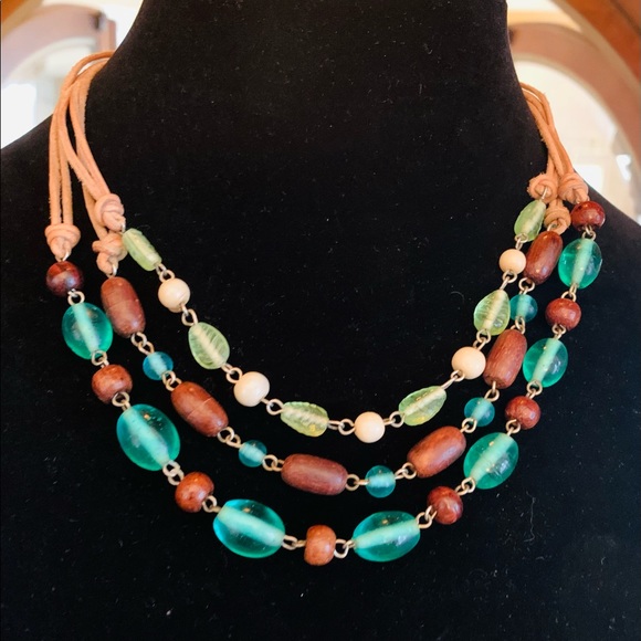 Vintage 90s choker with wood and glass bead accent and leather trim - Picture 1 of 1